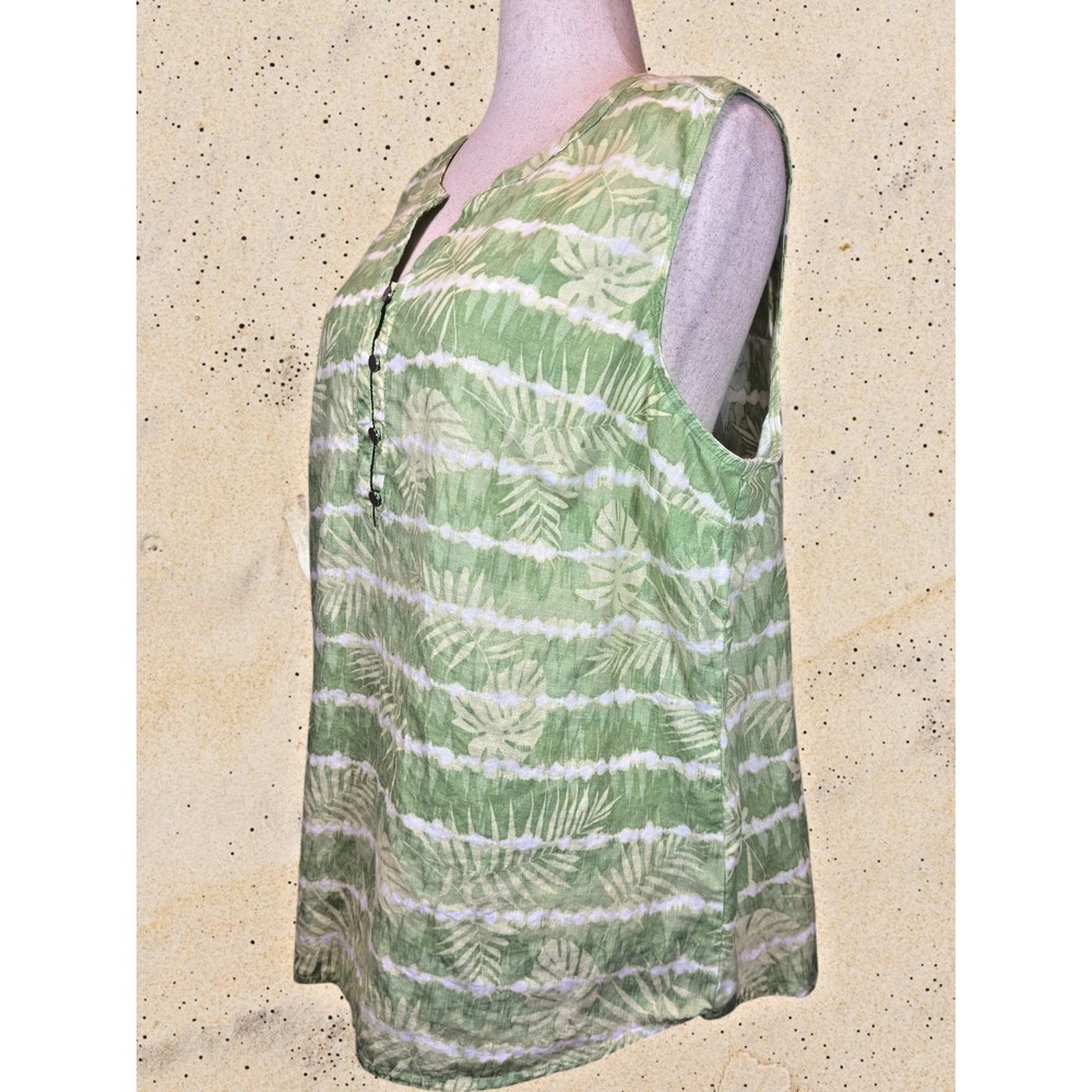 Coral Bay Woman 3X Linen Rayon Sleeveless Tunic Top Green Tropical Leaf Print